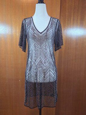 Ella Moss Black Metallic Beaded Chevron Mesh Shift Dress - Size XS